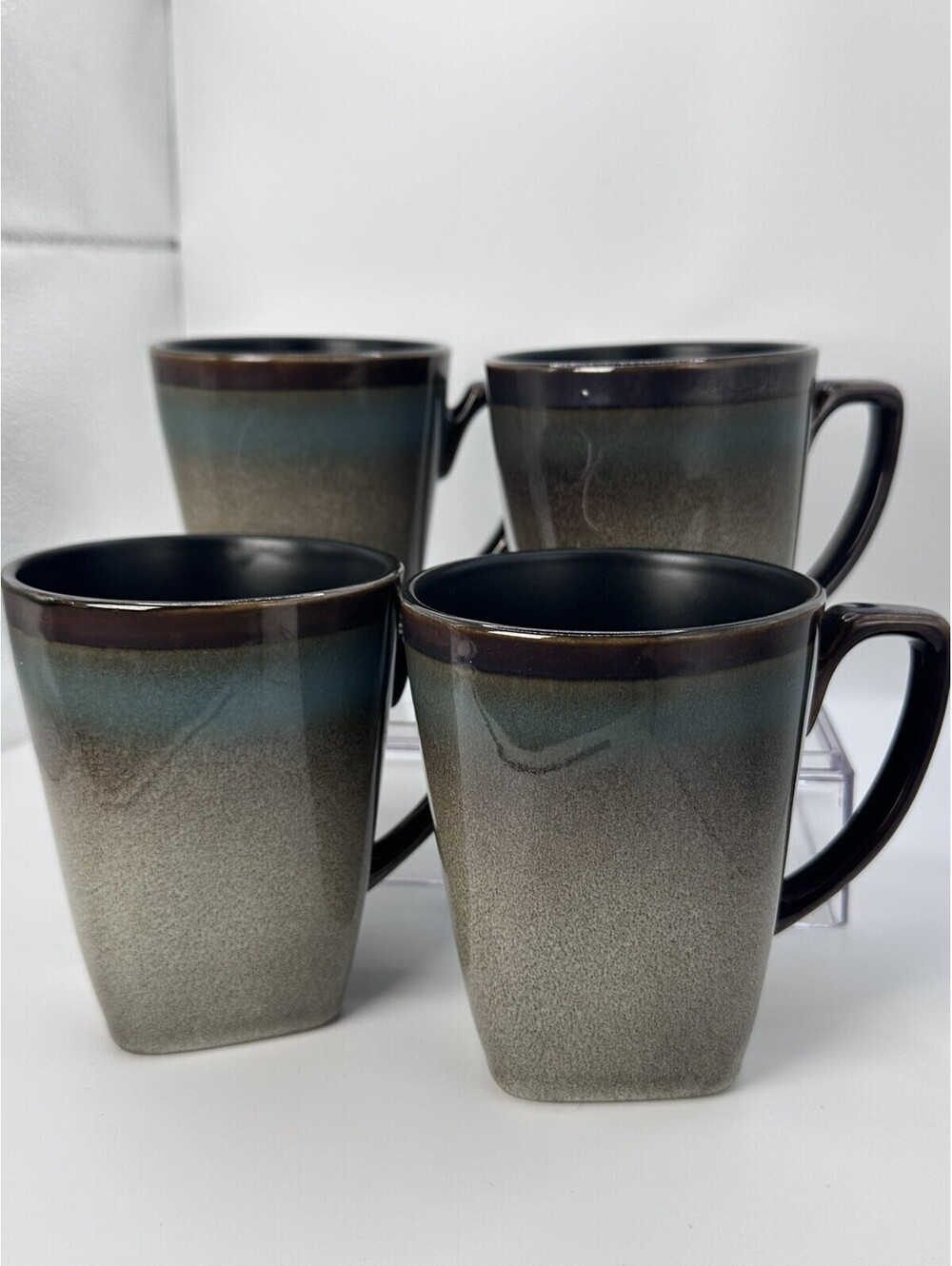 Set of 4 Gibson Elite Taupe With Brown Rim Square Bottom 12 fl oz Mugs Cups
